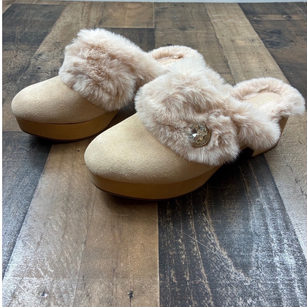 Kate Spade Faux Fur Suede Platform Mules Womens Beige Crystal Embellished Shoes - Picture 4 of 9